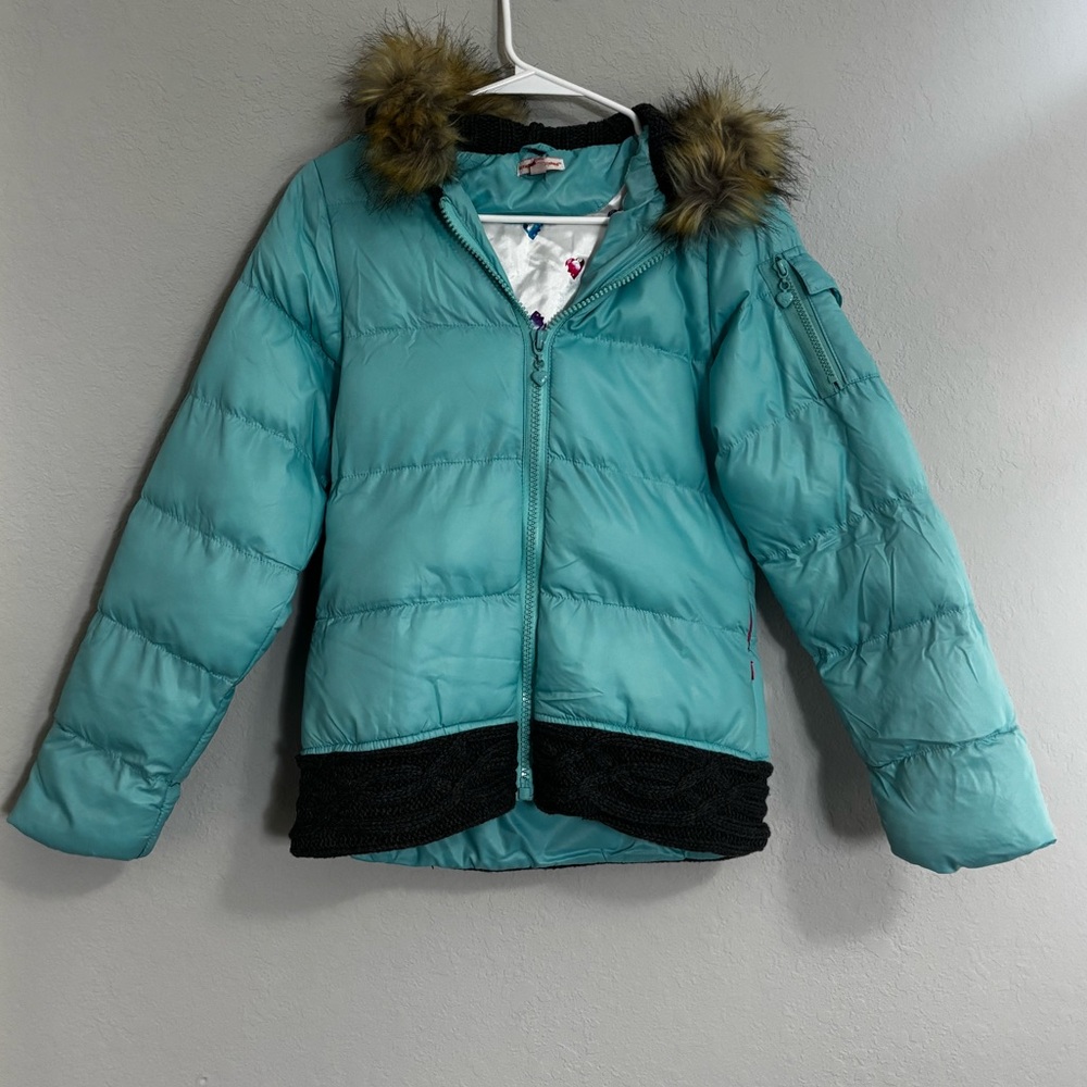 Kids Teal Puffer Jacket with Faux Fur Detachable Hood